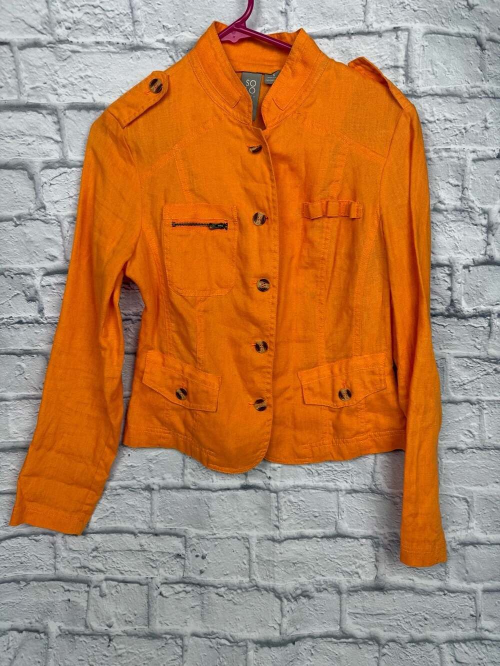 Solo Moda Bright Orange Linen Military Utility Jacket Size 6